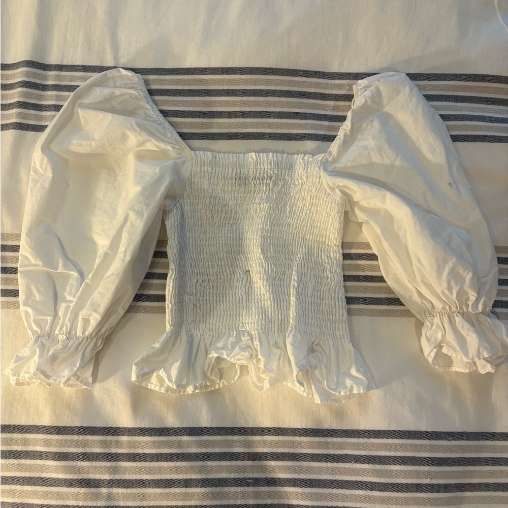 Zara White Smocked Blouse with Puff Sleeves